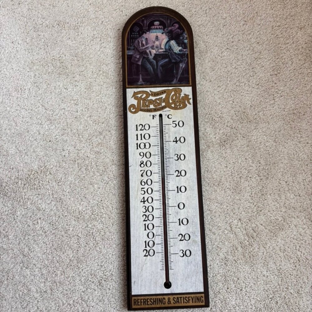 Vintage Wood Pepsi cola sign w/thermometer Victorian design 23" wall decor